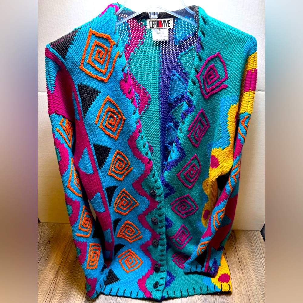 Vintage 80s L’eau Vive Women’s Large Rainbow Geometric Cardigan Sweater Art